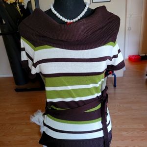 B-Wear cowl neck striped top size medium green white and brown